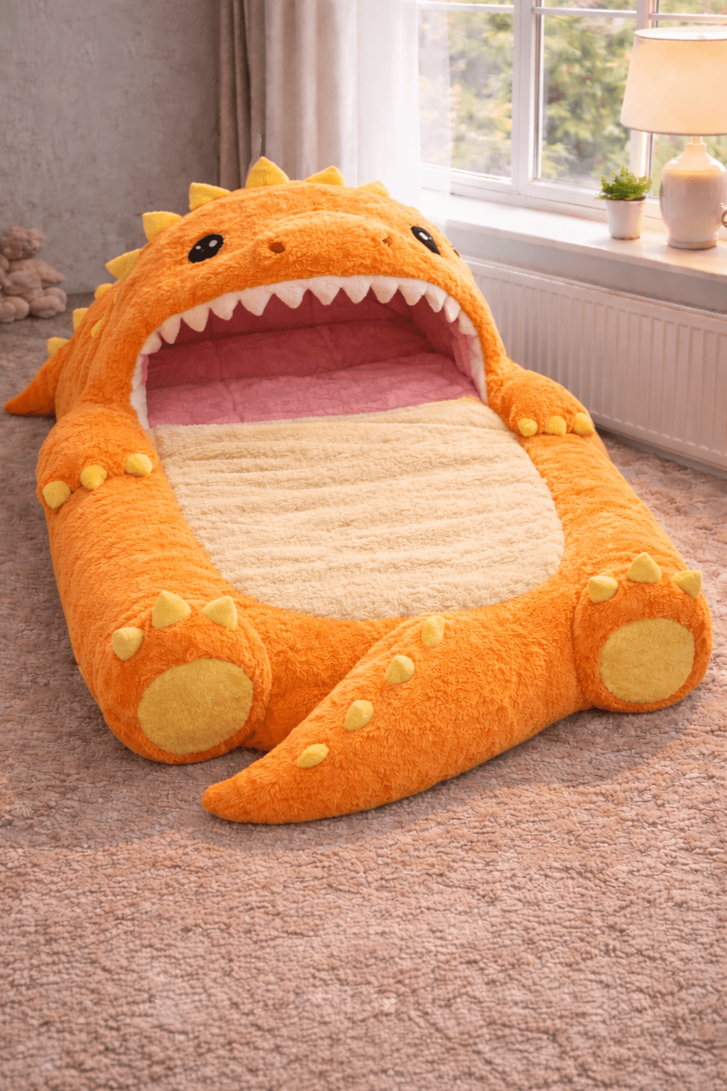 Orange dinosaur-shaped sleeping bag with padded interior and cartoon character design