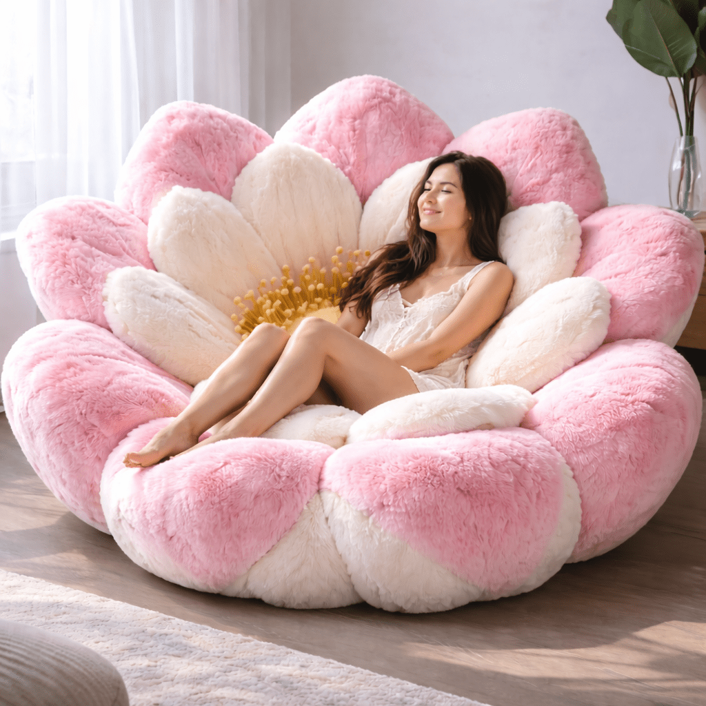 Large pink and cream plush flower chair with person seated for scale