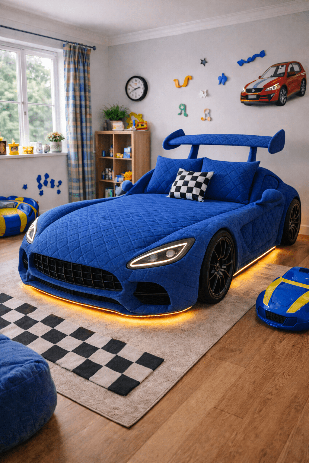Blue quilted luxury car-shaped bed in a modern children’s bedroom with LED lighting