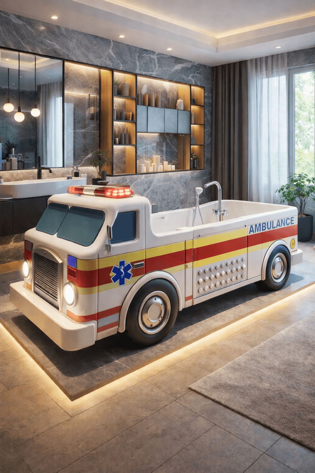 White ambulance-themed bathtub with emergency markings in a contemporary bathroom
