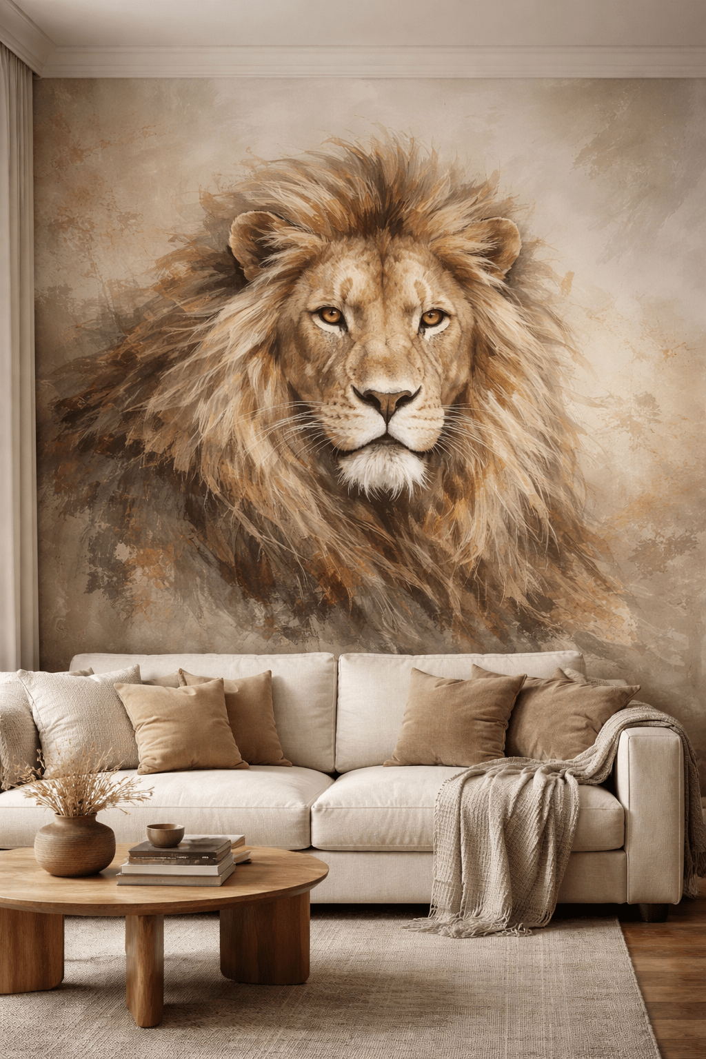 Lion safari wall mural featuring a detailed mane in a beige living room