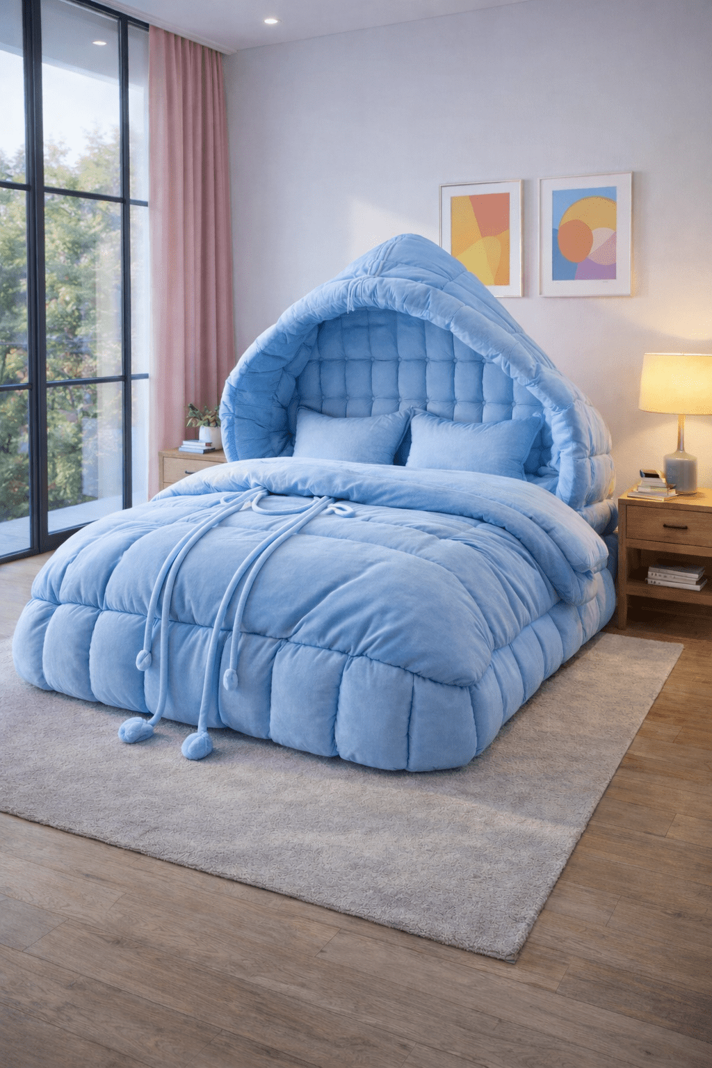 Blue plush hoodie bed designed for relaxation and cocooned comfort