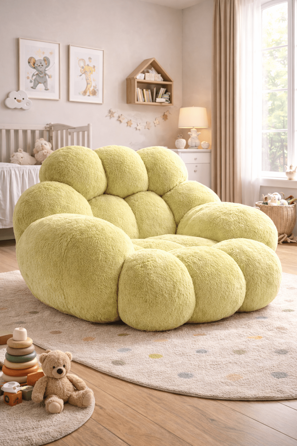 Sage green oversized plush bubble chair creating a calming seating area in a nursery