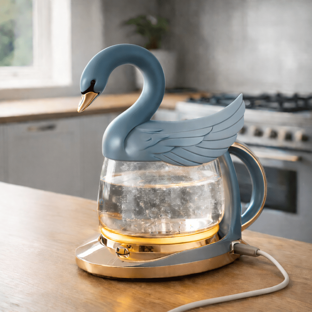 Soft blue swan-shaped electric kettle with gold accents in a modern kitchen