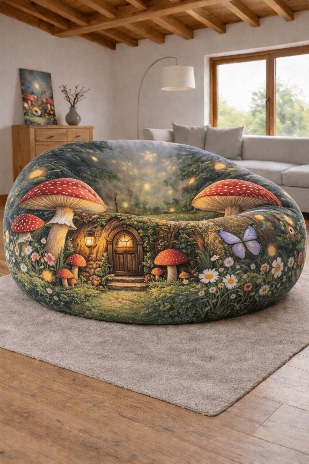 Fairy-tale inspired bean bag chair featuring mushrooms, woodland door, butterflies, and glowing forest details