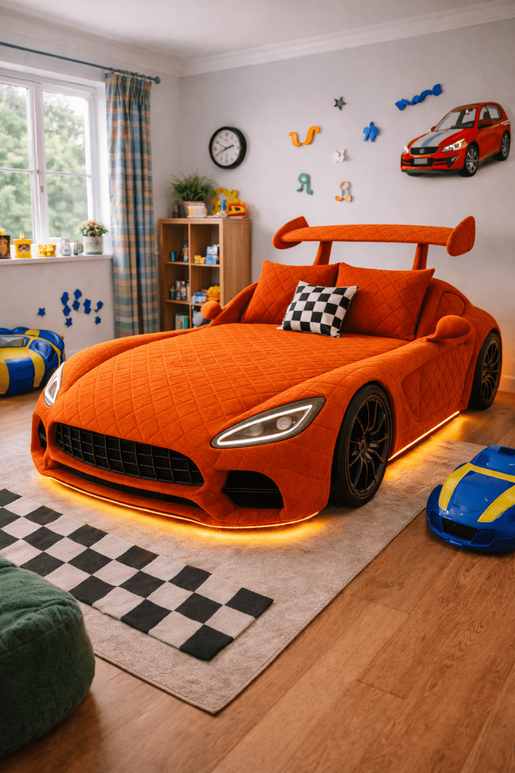 Orange upholstered car-shaped children’s bed with soft lighting and modern decor