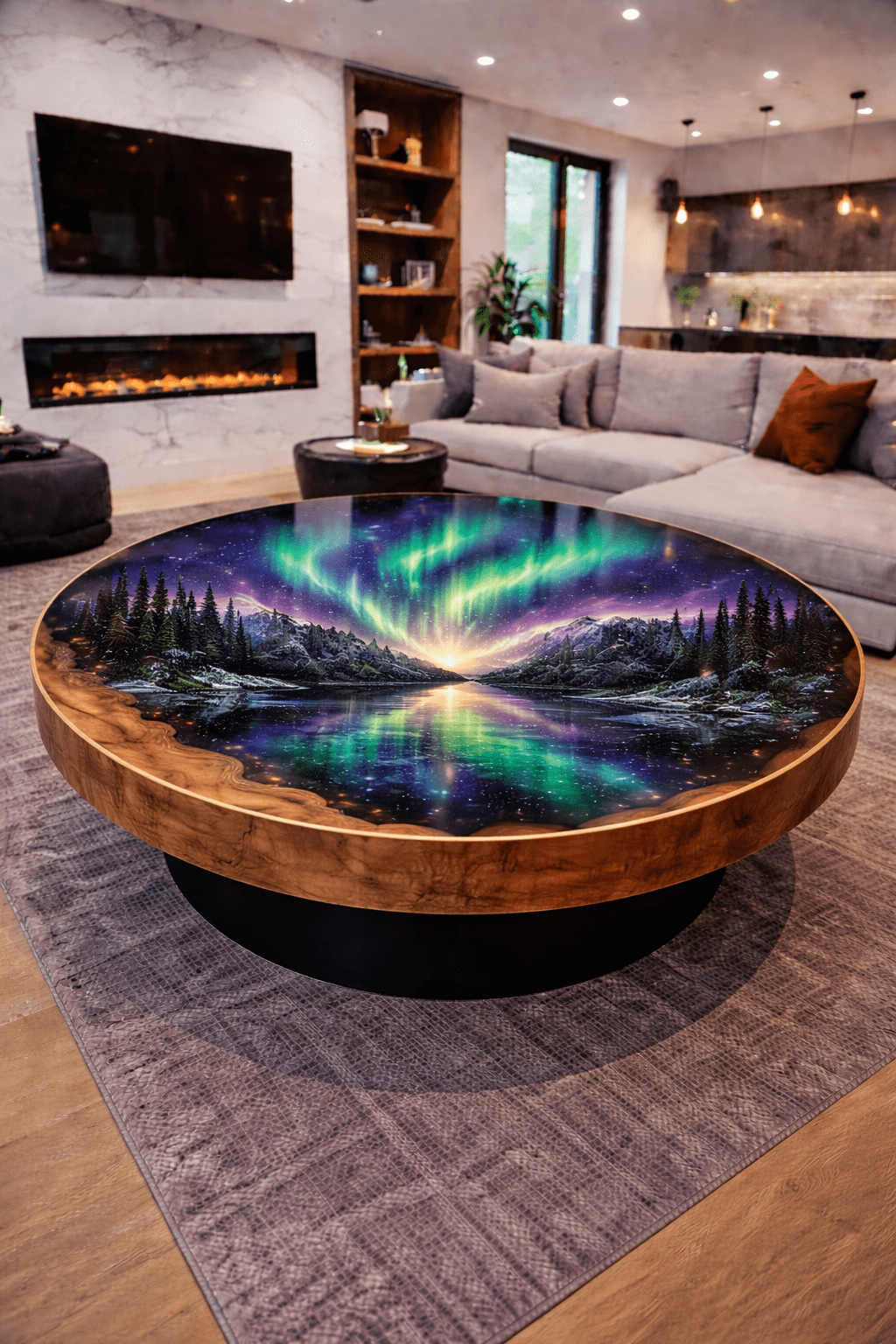 Northern Lights resin coffee table with forest and mountain scene set in natural wood
