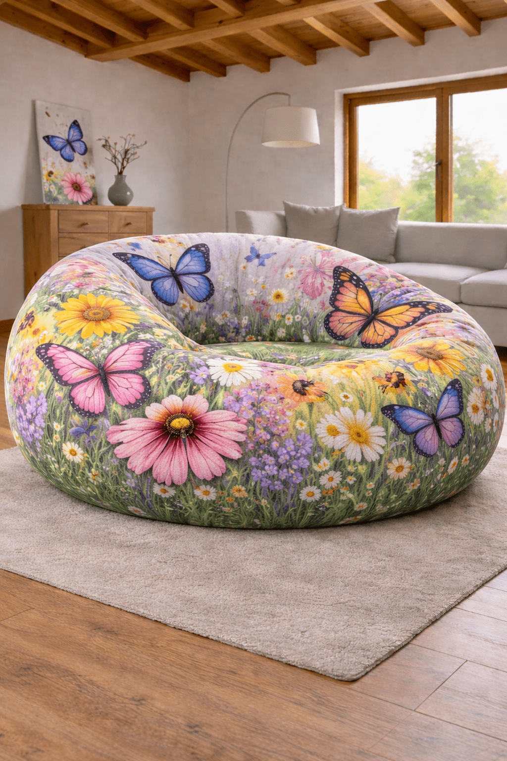 Oversized butterfly meadow bean bag chair with pastel wildflowers and soft butterflies in a modern living room