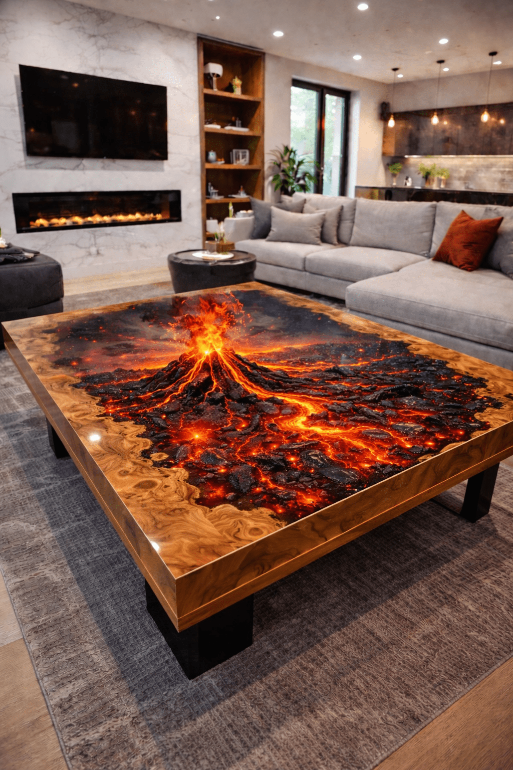 Large volcanic lava resin coffee table showcased in modern open-plan living room
