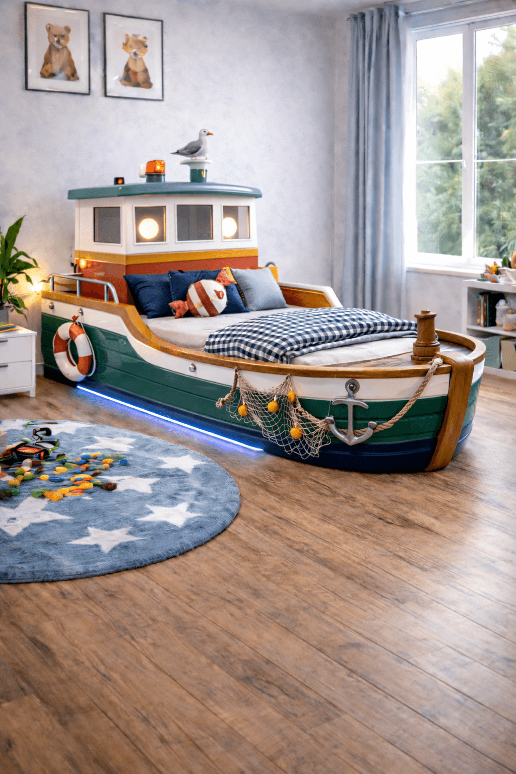 Wooden boat-shaped children’s bed with nautical details, rope accents and LED lighting