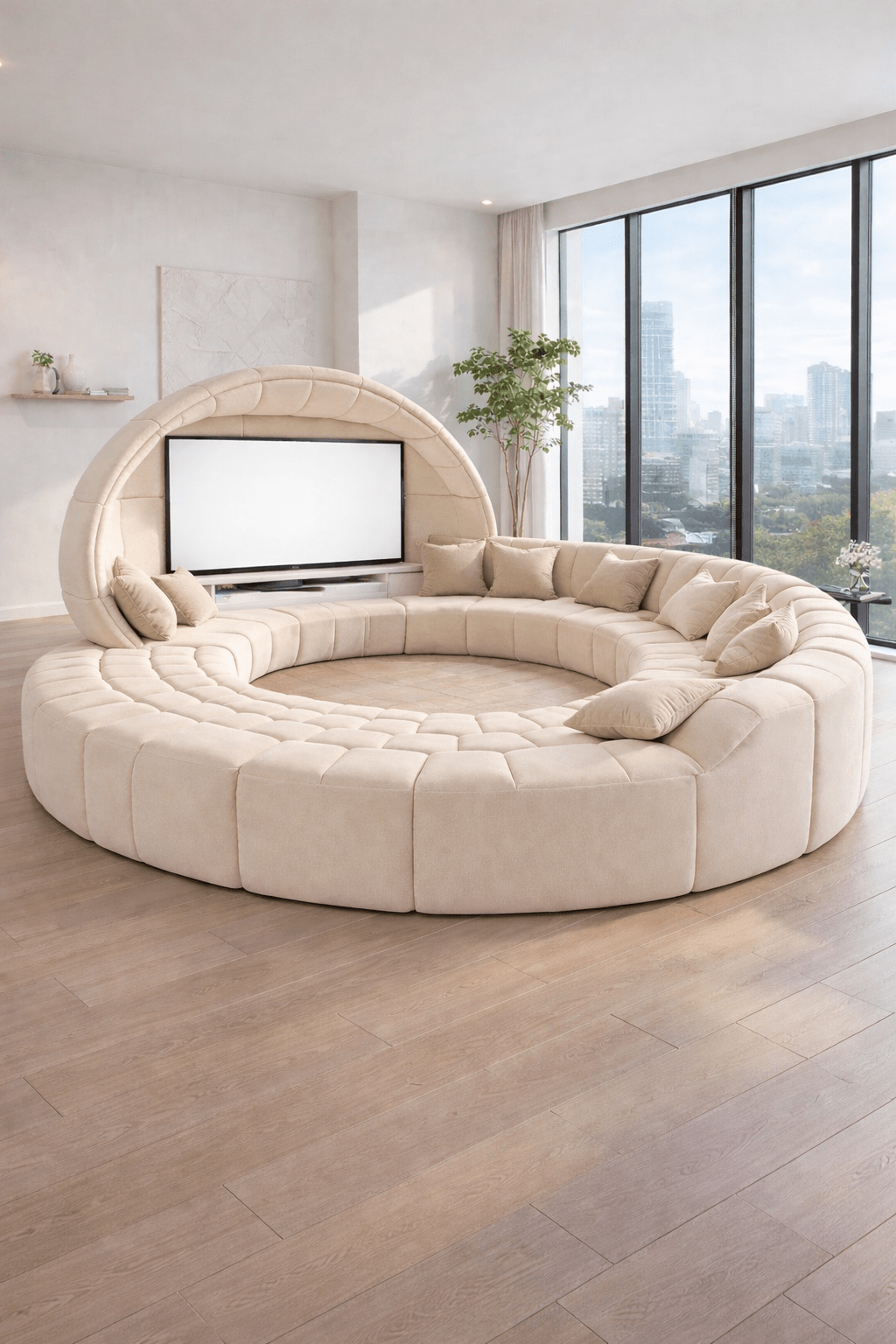 Cream circular modular sofa with built-in TV pod in a modern living room
