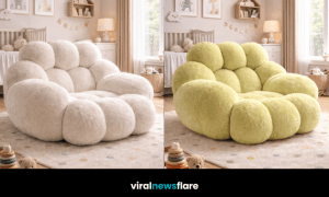 Collection of oversized plush bubble chairs in pastel colours styled in a light-filled nursery