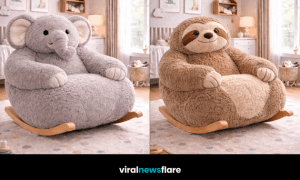 Collection of oversized animal rocking chairs including elephant, panda, koala, and sloth designs