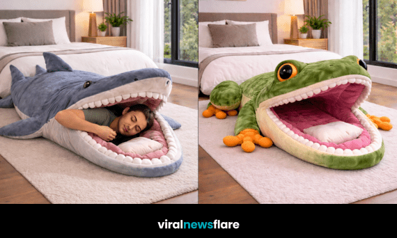 Oversized animal sleeping bags including shark and crocodile designs in modern bedroom