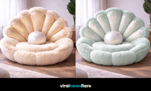 Oversized pearl shell plush chair in pastel colours showcasing luxury fantasy seating design