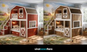 Barn-style kids beds in green, red, pink and wooden farmhouse designs