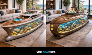 Collection of boat-shaped aquarium coffee tables featuring pirate ship, submarine, yacht and battleship designs