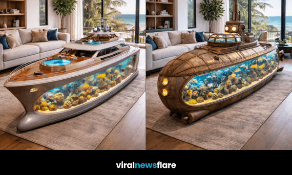 Collection of boat-shaped aquarium coffee tables featuring pirate ship, submarine, yacht and battleship designs