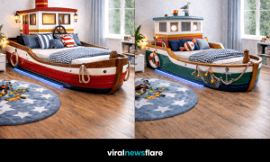 Luxury boat-shaped bed transforming a children’s bedroom into a nautical adventure theme