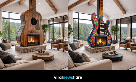 Large guitar-shaped fireplace centrepiece combining music-inspired design with modern home décor