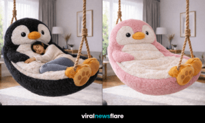 Plush penguin hanging swing chair statement seating trend for modern homes
