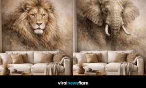 Collection of safari animal wall murals including elephant, tiger, giraffe, and lion in neutral living rooms