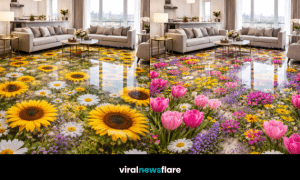 Luxury floral epoxy resin flooring with realistic botanical meadow design