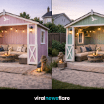 Coastal beach hut lounge pods in pastel colours with outdoor seating and ambient lighting