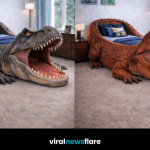 Dinosaur-shaped novelty bed creating a bold prehistoric bedroom design