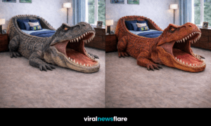Dinosaur-shaped novelty bed creating a bold prehistoric bedroom design