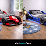 Formula-style race car beds in red, green, blue and yellow with LED lighting