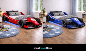 Formula-style race car beds in red, green, blue and yellow with LED lighting