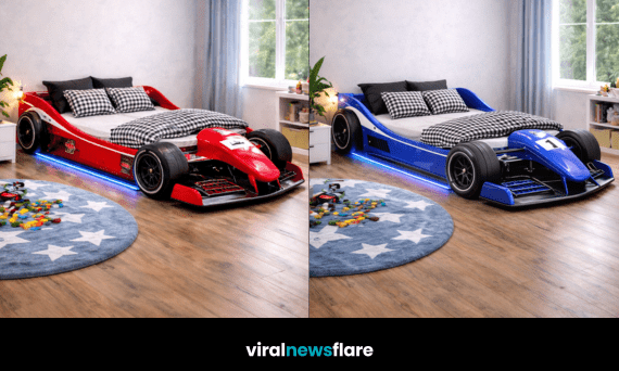 Formula-style race car beds in red, green, blue and yellow with LED lighting