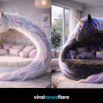 Luxury unicorn pod sofa with glowing mane and plush cushions in modern home interior