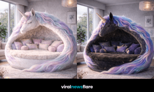 Luxury unicorn pod sofa with glowing mane and plush cushions in modern home interior