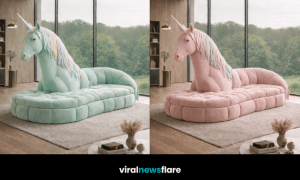 Oversized unicorn chaise lounge in pastel tones creating a whimsical statement seating piece