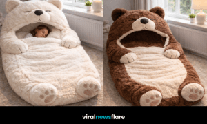 Collection of oversized teddy bear sleeping bag beds in blue, pink, cream, and brown colour designs