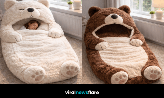 Collection of oversized teddy bear sleeping bag beds in blue, pink, cream, and brown colour designs