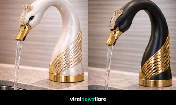 Elegant swan-shaped luxury kitchen faucet with sculptural design and gold accents