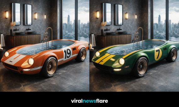 Luxury car-shaped bathtub inspired by classic racing cars in a modern designer bathroom