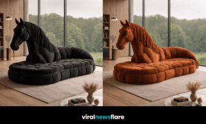 Luxury horse-shaped chaise lounge displayed as a sculptural statement piece in a modern living room