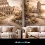 Luxury scenic wall murals featuring landmarks and landscapes in a modern living room