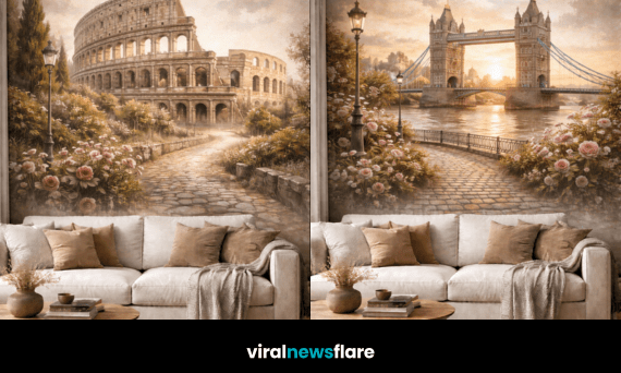 Luxury scenic wall murals featuring landmarks and landscapes in a modern living room