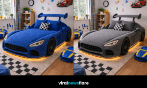 Luxury upholstered car-shaped children’s beds in modern bedroom interiors