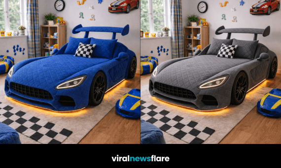 Luxury upholstered car-shaped children’s beds in modern bedroom interiors