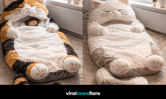 Plush oversized cat sleeping bags designed for cosy children’s bedrooms