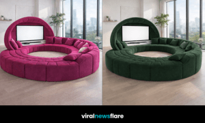 Luxury circular modular sofa with integrated TV pod in a contemporary open-plan living room