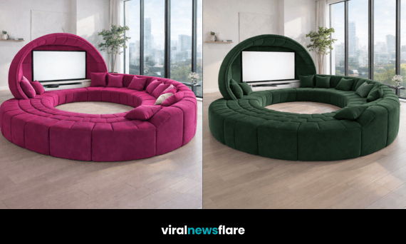 Luxury circular modular sofa with integrated TV pod in a contemporary open-plan living room