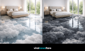 Modern bedroom transformed with cloud-effect resin flooring creating a sky-inspired interior