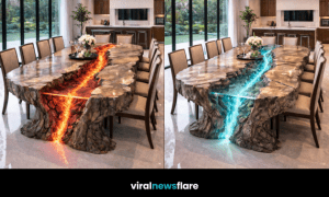 Statement volcanic rift dining table featuring glowing resin lava effect in a modern luxury dining space